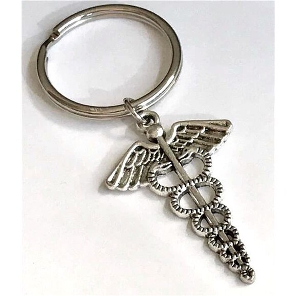 Silver Caduceus Keychain Keyring Medical Nursing Gift MD RN LPN DO ARNP - Picture 3 of 6